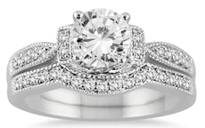 1.25CT DIAMOND 14KT WHITE GOLD 3D FILIGREE MILGRAIN ENGAGEMENT WEDDING RING SET