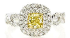 1.08CT WHITE & FANCY YELLOW DIAMOND 18K 2 TONE CUSHION & ROUND ENGAGEMENT RING