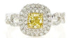 1.08CT WHITE & FANCY YELLOW DIAMOND 18K 2 TONE CUSHION & ROUND ENGAGEMENT RING