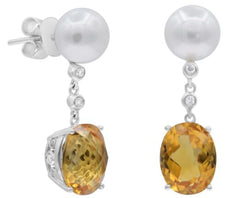 6.15CT DIAMOND & AAA CITRINE & SOUTH SEA PEARL 14KT WHITE GOLD HANGING EARRINGS