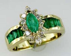 1.77CT DIAMOND & AAA EMERALD 14KT YELLOW GOLD MARQUISE ROUND & BAGUETTE FUN RING