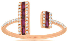 .36CT DIAMOND & AAA RUBY 14KT ROSE GOLD 3D ROUND & BAGUETTE DOUBLE BAR FUN RING