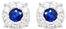 2.09CT DIAMOND & AAA SAPPHIRE 14KT WHITE GOLD 3D ROUND HALO FLORAL STUD EARRINGS
