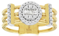 .30CT DIAMOND 14KT 2 TONE GOLD ROUND & BAGUETTE FLORAL DOUBLE BAR MULTI ROW RING