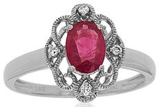 .94CT DIAMOND & AAA RUBY 14KT WHITE GOLD OVAL & ROUND FLOWER FILIGREE LOVE RING