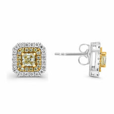 1.23CT WHITE & YELLOW DIAMOND 18KT 2 TONE GOLD PRINCESS & ROUND OCTAGON EARRINGS