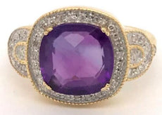 3.37CT DIAMOND & AAA AMETHYST 14KT YELLOW GOLD CUSHION & ROUND SQUARE FUN RING