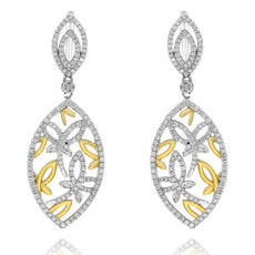 LARGE 1.54CT DIAMOND 18KT 2 TONE GOLD BUTTERFLY TEAR DROP LOVE HANGING EARRINGS