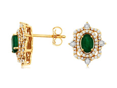 1.27CT DIAMOND & AAA EMERALD 14K YELLOW GOLD ROUND & OVAL FILIGREE STUD EARRINGS