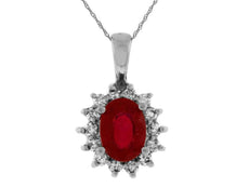 1.15CT DIAMOND & AAA RUBY 14K WHITE GOLD 3D OVAL & ROUND FLOWER FLOATING PENDANT