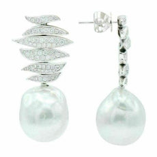 ESTATE LARGE .96CT DIAMOND & AAA SOUTH SEA PEARL 18K WHITE GOLD HANGING EARRINGS