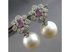 1.1CT DIAMOND & AAA PINK SAPPPHIRE & SOUTH SEA PEARL 14KT WHITE GOLD 3D EARRINGS