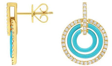 .32CT DIAMOND & TURQUOISE ENAMEL 14KT YELLOW GOLD 3D MULTI CIRCULAR FUN EARRINGS