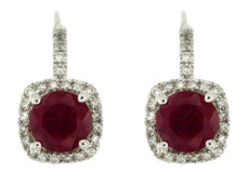 ESTATE 2.60CT DIAMOND & AAA RUBY 14K WHITE GOLD 3D ROUND SQUARE HANGING EARRINGS