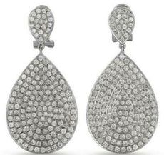 LARGE 4.52CT DIAMOND 14KT WHITE GOLD 3D PAVE TEAR DROP CLIP ON HANGING EARRINGS