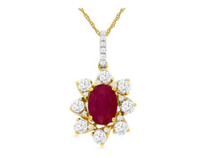 1.37CT DIAMOND & AAA RUBY 14KT YELLOW GOLD OVAL & ROUND FLOWER FLOATING PENDANT
