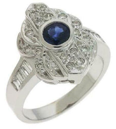 1.27CT DIAMOND & AAA SAPPHIRE 14K WHITE GOLD 3D ROUND & BAGUETTE FLOWER FUN RING