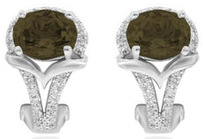 2.56CT DIAMOND & AAA SMOKY TOPAZ 14K WHITE GOLD 3D OVAL & ROUND V SHAPE EARRINGS