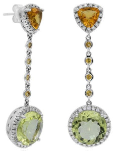 10.67CT DIAMOND & AAA CITRINE & GREEN AMETHYST 14KT WHITE GOLD HANGING EARRINGS