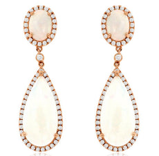10.75CT DIAMOND & AAA OPAL 14K ROSE GOLD OVAL & ROUND TEAR DROP HANGING EARRINGS
