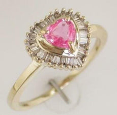 .88CT DIAMOND & AAA PINK SAPPHIRE 14KT YELLOW GOLD HEART SHAPE & BAGUETTE RING