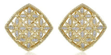 .10CT DIAMOND 14KT YELLOW GOLD 3D FLOWER 4 LEAF CLOVER SQUARE CLIP ON EARRINGS