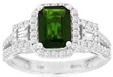 2.18CT DIAMOND & AAA RUSSALITE 14KT WHITE GOLD EMERALD CUT HALO ENGAGEMENT RING