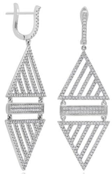 LARGE 1.65CT DIAMOND 18KT WHITE GOLD TRIANGULAR GEOMETRICAL FUN HANGING EARRINGS