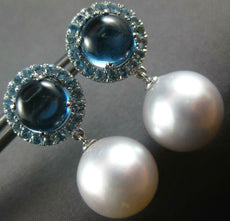 LARGE 6CT AAA BLUE TOPAZ & SOUTH SEA PEARL 18K WHITE GOLD ROUND HANGING EARRINGS