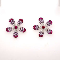 1.62CT DIAMOND & AAA RUBY & AAA PINK SAPPHIRE 18KT WHITE GOLD 3D STUD EARRINGS