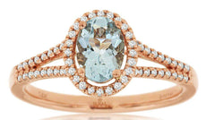 .88CT DIAMOND & AAA AQUAMARINE 14KT ROSE GOLD OVAL & ROUND HALO FRIENDSHIP RING