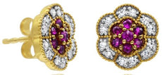 .43CT DIAMOND & AAA RUBY 14KT YELLOW GOLD CLASSIC FLOWER FILIGREE STUD EARRINGS