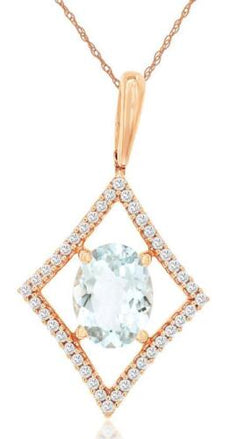 1.25CT DIAMOND & AAA AQUAMARINE 14KT ROSE GOLD OVAL & ROUND GEOMETRICAL PENDANT