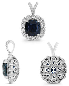 7.48CT DIAMOND & AAA SAPPHIRE 18K WHITE GOLD 3D CUSHION & ROUND FLOATING PENDANT