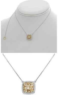 1.05CT WHITE & FANCY YELLOW DIAMOND 18KT 2 TONE GOLD 3D CUSHION & ROUND NECKLACE