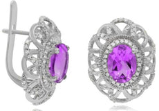 2.62CT DIAMOND & AAA AMETHYST 14KT WHITE GOLD 3D OVAL & ROUND FILIGREE EARRINGS