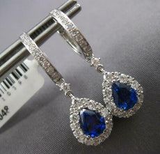 3.11CT DIAMOND & AAA SAPPHIRE 18K WHITE GOLD PEAR SHAPE & ROUND HANGING EARRINGS