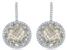 LARGE 38.16CT DIAMOND & AAA SMOKY TOPAZ 18KT WHITE GOLD HALO LEVERBACK EARRINGS
