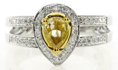 .74CT WHITE & FANCY YELLOW DIAMOND 18K 2 TONE GOLD 3D PEAR SHAPE ENGAGEMENT RING