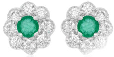 .65CT DIAMOND & AAA EMERALD 14KT WHITE GOLD ROUND FLOWER FILIGREE STUD EARRINGS