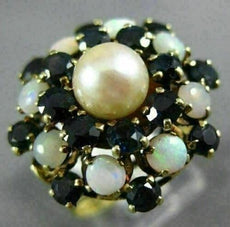 ANTIQUE LARGE 1.80CT AAA SAPPHIRE OPAL & PEARL 14K YELLOW GOLD 3D FLOWER RING