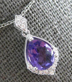 1.01CT DIAMOND & AAA AMETHYST 14K WHITE GOLD TEAR DROP FILIGREE FLOATING PENDANT