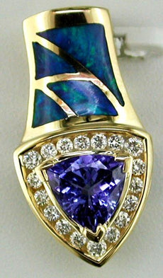1.44CT DIAMOND & AAA TANZANITE & OPAL 14KT YELLOW GOLD 3D FUN FLOATING PENDANT