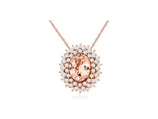 1.33CT DIAMOND & AAA MORGANITE 14K ROSE GOLD 3D OVAL & ROUND DOUBLE HALO PENDANT