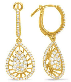 .67CT DIAMOND 14KT YELLOW GOLD CLUSTER TEAR DROP OPEN FILIGREE HANGING EARRINGS