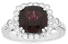 4.2CT DIAMOND & AAA RHODOLITE 14KT WHITE GOLD 3D CUSHION & ROUND ENGAGEMENT RING