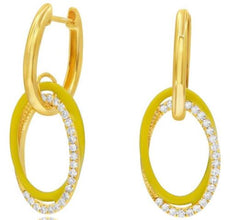 .24CT DIAMOND & YELLOW ENAMEL 14KT YELLOW GOLD OVAL LOVE KNOT HUGGIE EARRINGS