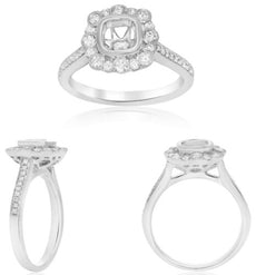 .41CT DIAMOND 14KT WHITE GOLD 3D ROUND & CUSHION FLOWER BEZEL SEMI MOUNT RING