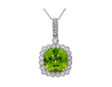 3.67CT DIAMOND & AAA PERIDOT 14KT WHITE GOLD 3D CUSHION & ROUND FLOATING PENDANT