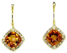 2.22CT DIAMOND & AAA CITRINE 14KT YELLOW GOLD 3D CUSHION SQUARE HANGING EARRINGS